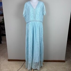 Pretty Garden Maxi Dress Womens XXL Blue Lace Floral V-Neck Short Sleeve‎ Fairy